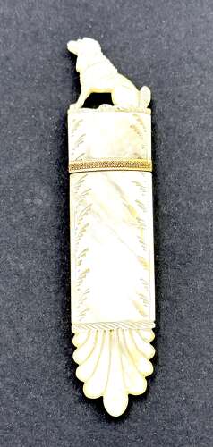 Antique French Charles X Palais Royal Mother of Pearl Needle Case with a Finely Dog Finial