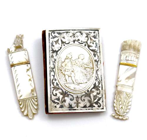 Antique French Charles X Palais Royal Mother of Pearl Needle Case with a Finely Dog Finial