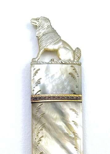 Antique French Charles X Palais Royal Mother of Pearl Needle Case with a Finely Dog Finial