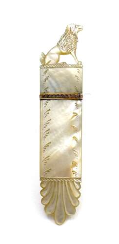 Antique French Charles X Palais Royal Mother of Pearl Needle Case with a Finely Dog Finial