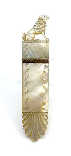 Antique French Charles X Palais Royal Mother of Pearl Needle Case with a Finely Dog Finial