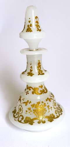 Antique White Opaline Glass Perfume Bottle Profusely Enamelled with Flowers & Scroll Work