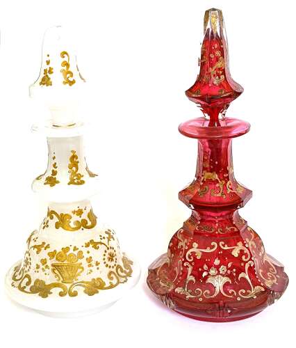 Antique White Opaline Glass Perfume Bottle Profusely Enamelled with Flowers & Scroll Work
