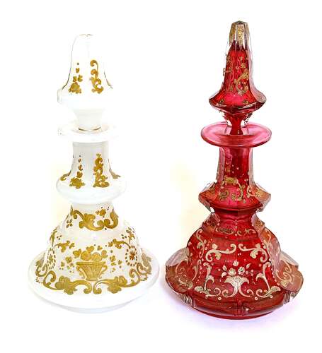 Antique White Opaline Glass Perfume Bottle Profusely Enamelled with Flowers & Scroll Work