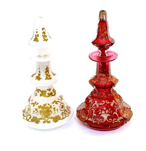 Antique White Opaline Glass Perfume Bottle Profusely Enamelled with Flowers & Scroll Work