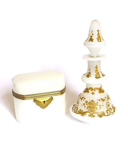 Antique White Opaline Glass Perfume Bottle Profusely Enamelled with Flowers & Scroll Work