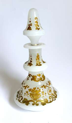 Antique White Opaline Glass Perfume Bottle Profusely Enamelled with Flowers & Scroll Work
