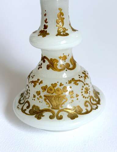 Antique White Opaline Glass Perfume Bottle Profusely Enamelled with Flowers & Scroll Work