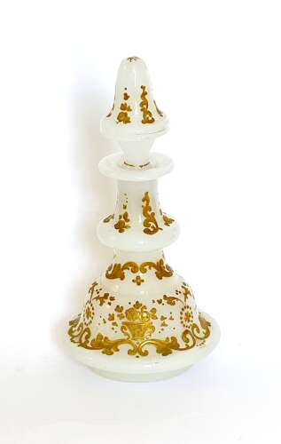 Antique White Opaline Glass Perfume Bottle Profusely Enamelled with Flowers & Scroll Work