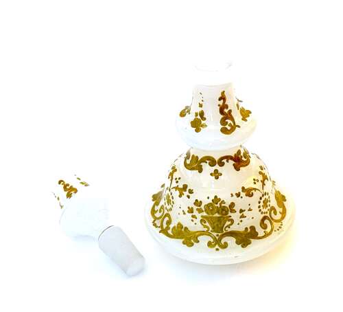 Antique White Opaline Glass Perfume Bottle Profusely Enamelled with Flowers & Scroll Work