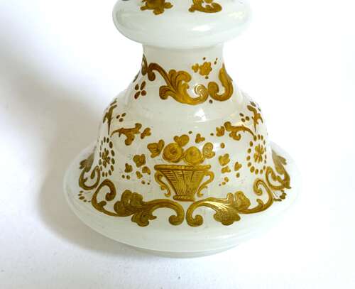 Antique White Opaline Glass Perfume Bottle Profusely Enamelled with Flowers & Scroll Work