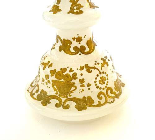 Antique White Opaline Glass Perfume Bottle Profusely Enamelled with Flowers & Scroll Work