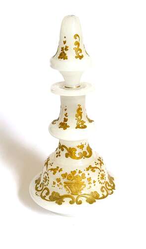 Antique White Opaline Glass Perfume Bottle Profusely Enamelled with Flowers & Scroll Work