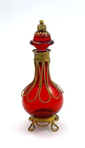 Antique French Palais Royal Ruby Red Glass Perfume Bottle with Dore Bronze Mounts.