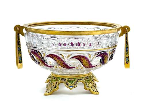 Antique Signed BACCARAT Crystal Bowl with Cloisonné Bronze Handles and Base.