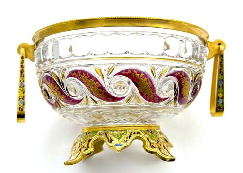 Antique Signed BACCARAT Crystal Bowl with Cloisonné Bronze Handles and Base.