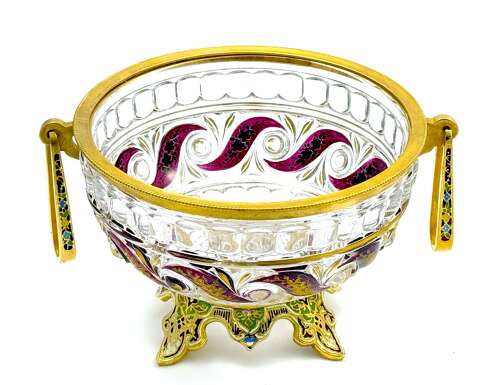 Antique Signed BACCARAT Crystal Bowl with Cloisonné Bronze Handles and Base.