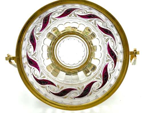 Antique Signed BACCARAT Crystal Bowl with Cloisonné Bronze Handles and Base.