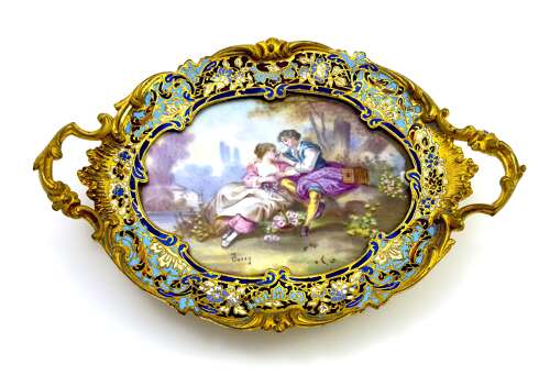 Exquisite Antique French Signed Limoges Porcelain and Champlevé Dore Bronze Tray.