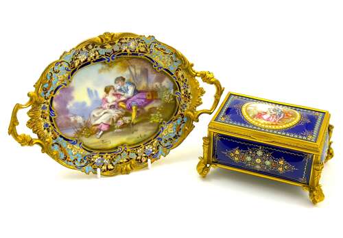 Exquisite Antique French Signed Limoges Porcelain and Champlevé Dore Bronze Tray.