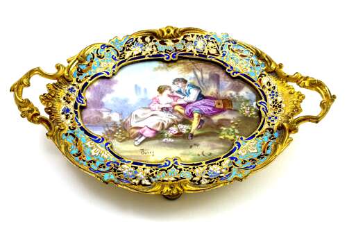 Exquisite Antique French Signed Limoges Porcelain and Champlevé Dore Bronze Tray.