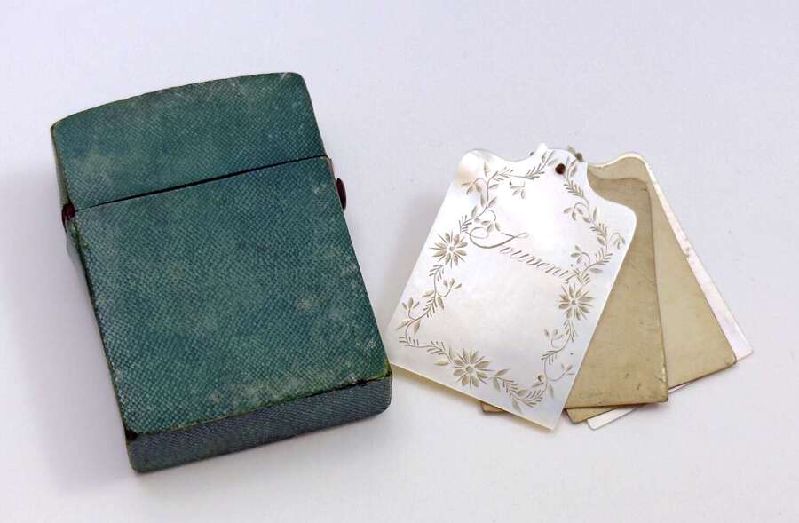 Antique Palais Royal Mother of Pearl Souvenir Notebook with Original Textured Green Box.