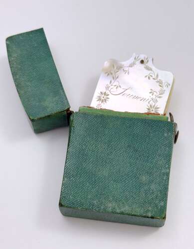 Antique Palais Royal Mother of Pearl Souvenir Notebook with Original Textured Green Box.