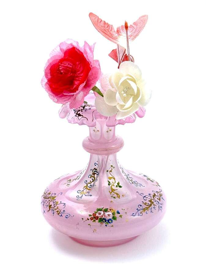A RARE Antique Bohemian Pink Opaline Glass&nbsp;'Barfatan'&nbsp;Enamelled Vase.