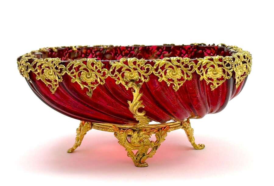 Stunning Antique French Cranberry Glass Centrepiece Bowl with Gilded Ormolu Mounts.