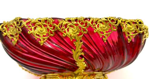 Stunning Antique French Cranberry Glass Centrepiece Bowl with Gilded Ormolu Mounts.