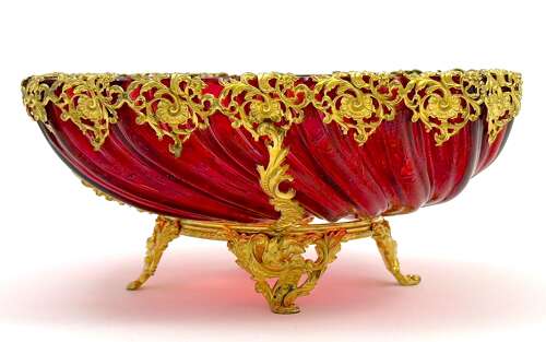 Stunning Antique French Cranberry Glass Centrepiece Bowl with Gilded Ormolu Mounts.
