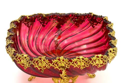 Stunning Antique French Cranberry Glass Centrepiece Bowl with Gilded Ormolu Mounts.