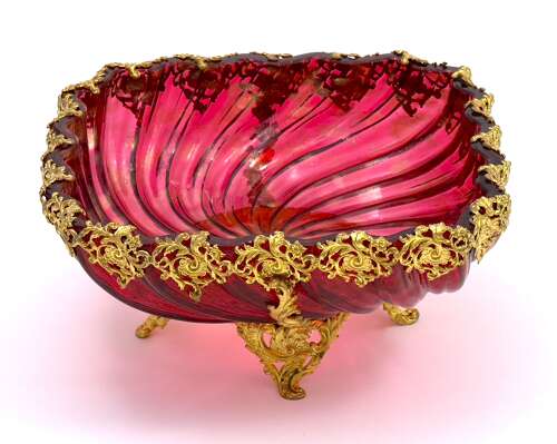 Stunning Antique French Cranberry Glass Centrepiece Bowl with Gilded Ormolu Mounts.