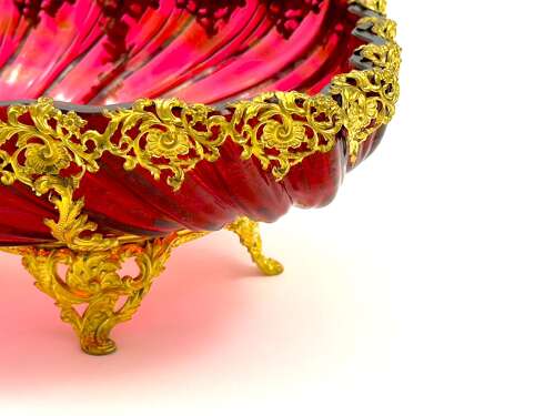 Stunning Antique French Cranberry Glass Centrepiece Bowl with Gilded Ormolu Mounts.