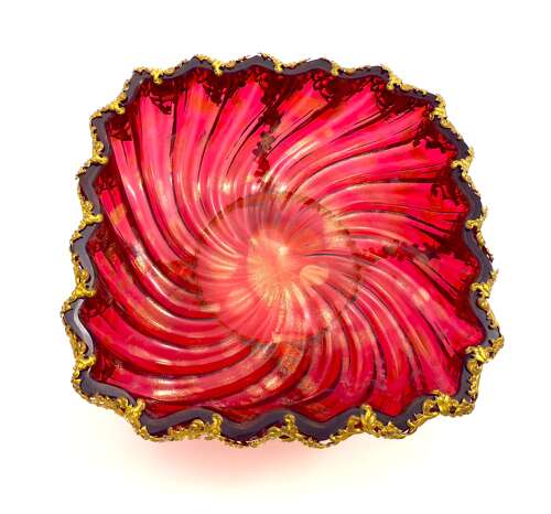 Stunning Antique French Cranberry Glass Centrepiece Bowl with Gilded Ormolu Mounts.