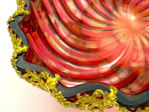 Stunning Antique French Cranberry Glass Centrepiece Bowl with Gilded Ormolu Mounts.