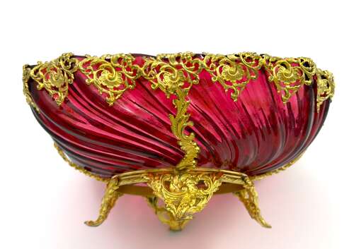 Stunning Antique French Cranberry Glass Centrepiece Bowl with Gilded Ormolu Mounts.