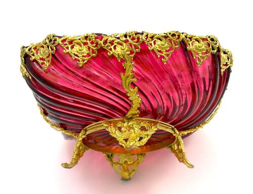 Stunning Antique French Cranberry Glass Centrepiece Bowl with Gilded Ormolu Mounts.