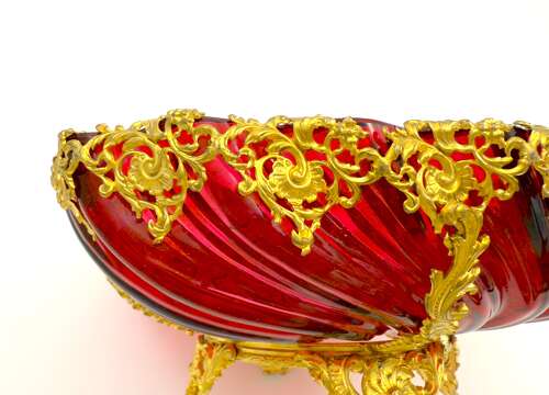 Stunning Antique French Cranberry Glass Centrepiece Bowl with Gilded Ormolu Mounts.