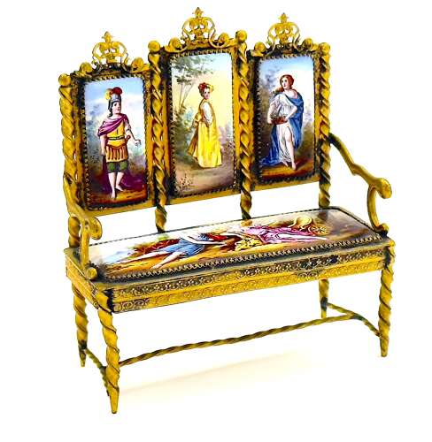 Exquisite Antique Viennese Miniature Settee Beautifully Crafted with Hand Painted Enamels