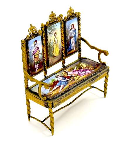 Exquisite Antique Viennese Miniature Settee Beautifully Crafted with Hand Painted Enamels