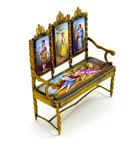 Exquisite Antique Viennese Miniature Settee Beautifully Crafted with Hand Painted Enamels