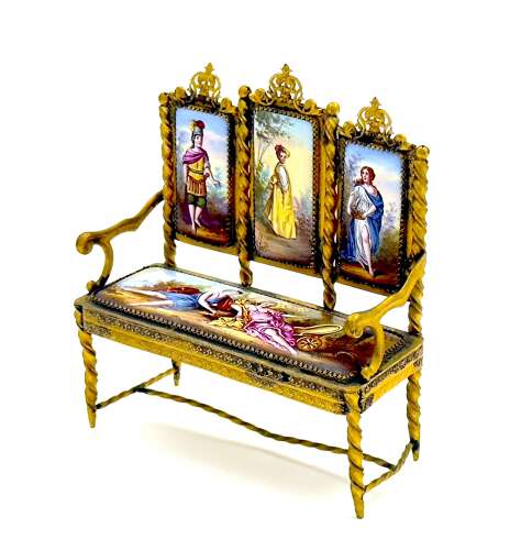 Exquisite Antique Viennese Miniature Settee Beautifully Crafted with Hand Painted Enamels