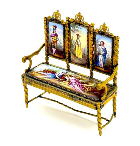 Exquisite Antique Viennese Miniature Settee Beautifully Crafted with Hand Painted Enamels