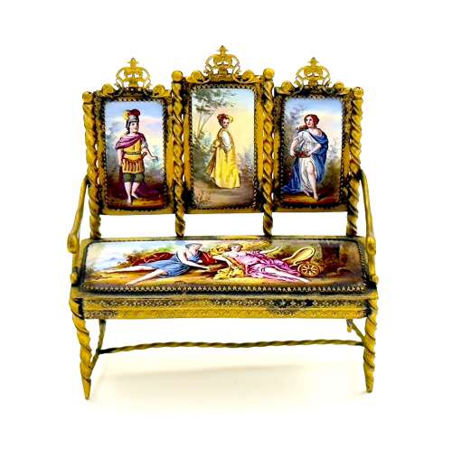 Exquisite Antique Viennese Miniature Settee Beautifully Crafted with Hand Painted Enamels