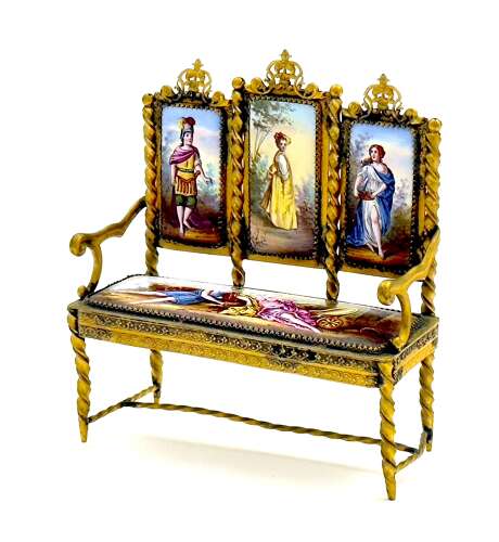 Exquisite Antique Viennese Miniature Settee Beautifully Crafted with Hand Painted Enamels