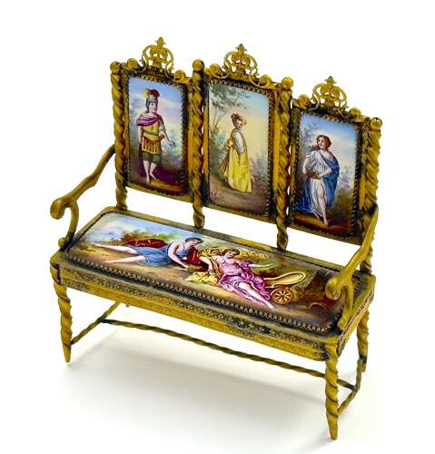 Exquisite Antique Viennese Miniature Settee Beautifully Crafted with Hand Painted Enamels