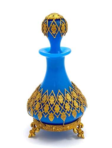 Antique Palais Royal Blue Opaline Glass Perfume Bottle with Gilded Fleur-de-Lys Mounts.