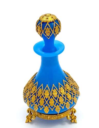 Antique Palais Royal Blue Opaline Glass Perfume Bottle with Gilded Fleur-de-Lys Mounts.