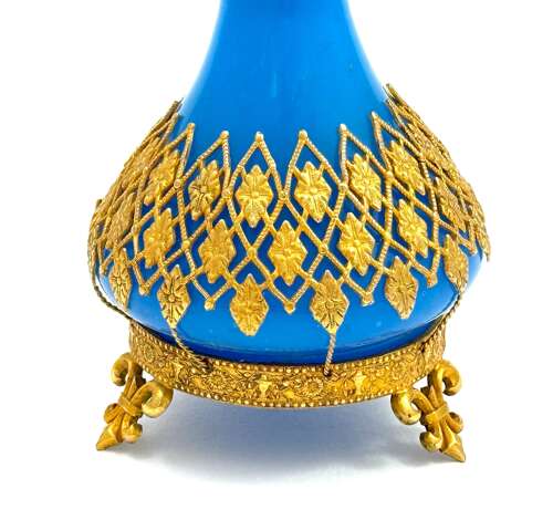 Antique Palais Royal Blue Opaline Glass Perfume Bottle with Gilded Fleur-de-Lys Mounts.